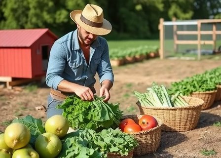 Farmer harvesting vegetables near chicken coop in sustainable chicken farm Netherlands