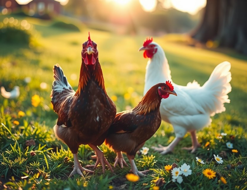 Chickens foraging in natural pasture at Playhumeho farm, showcasing ethical poultry Groningen practices